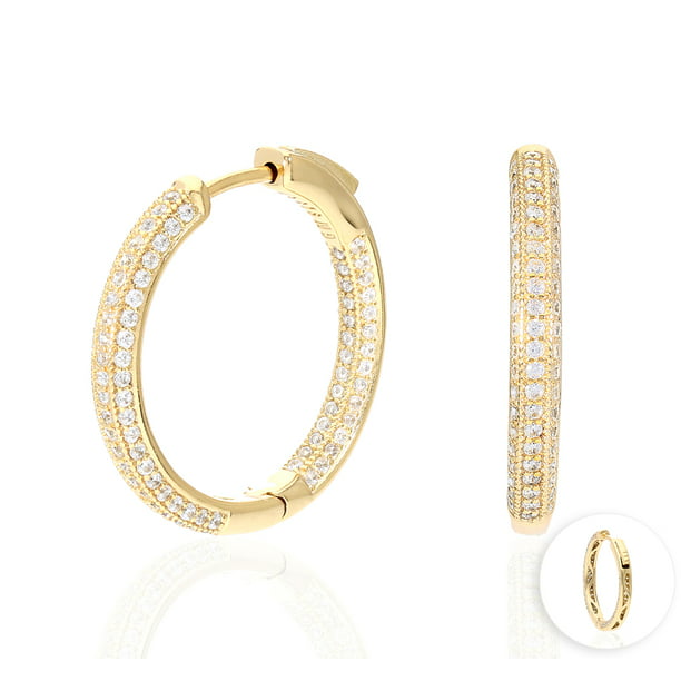 14k Yellow Gold Over 925 Sterling Silver Pave CZ Hoop Earrings 25mm-60mm Diameter 50mm 